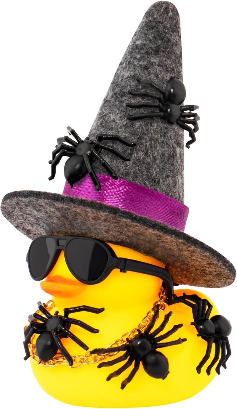 wonuu Spiders Rubber Ducks for Halloween, Car Dashboard Decorations Duck for Office Desk Ornament Accessories with Witch Hat Glasses Chain Spider (Dark Gray) - Image 1